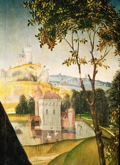 Paesaggio con castello in un fossato e due cigni (dettaglio) da Rogier van der Weyden